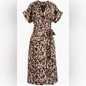EUC J.CREW Animal Print Satin Crepe Wrap Dress M In Autumn Cheetah Brown/Olive